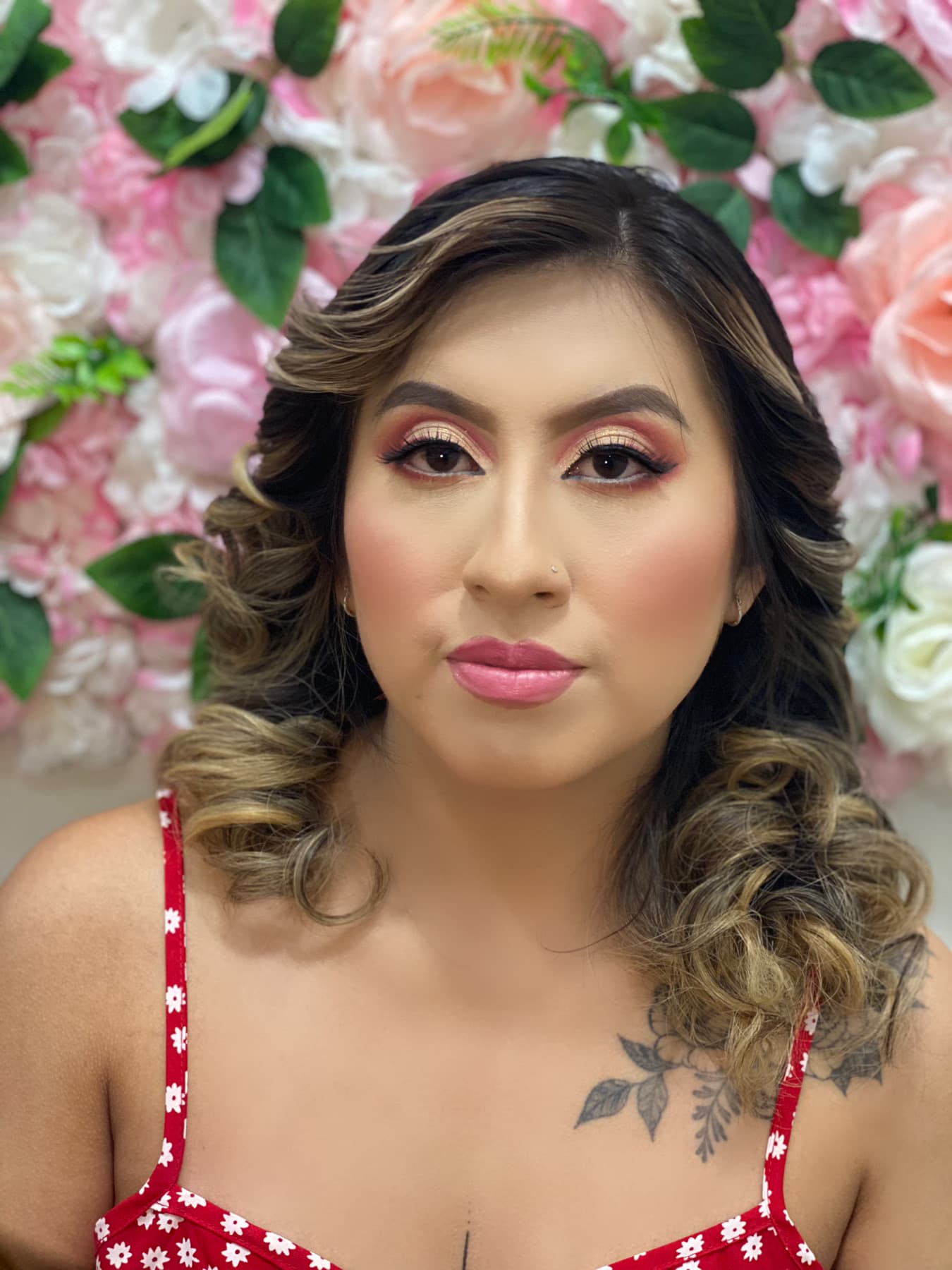 Bold red lip with soft glam eye